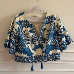 Cream and Blue Embroidered Crop Blouse